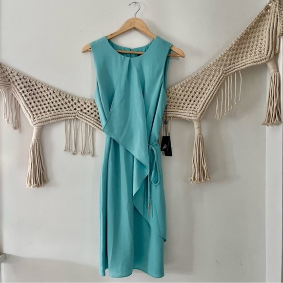 NWT Adrianna Papell Aruba Blue Gauzy Crepe Draped Front Dress - Picture 3 of 12